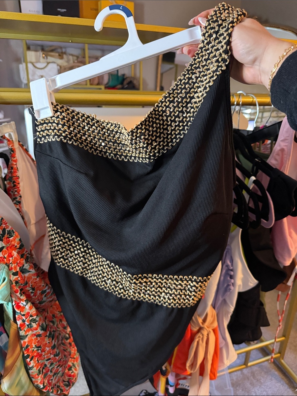 black with gold shimmer one shoulder one piece